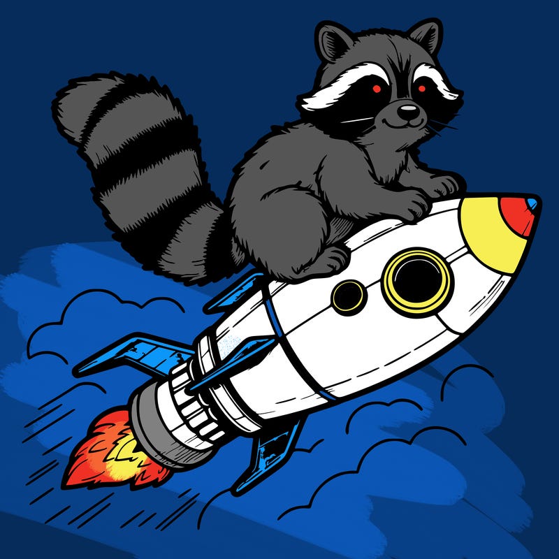 realistic raccoon flying on top rocket ship