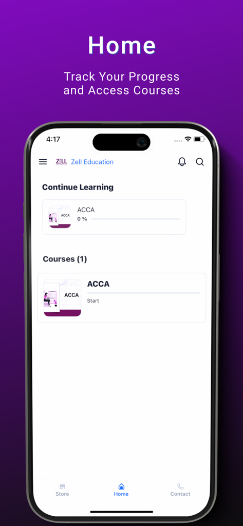 Zell Education mobile app home screen showing progress tracking and ACCA course enrollment