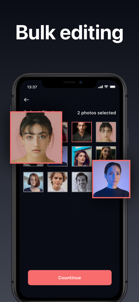 RedEye Fix: Red Eye Corrector - RedEye Fix app interface showing the bulk editing feature for selecting multiple portraits to remove red eyes