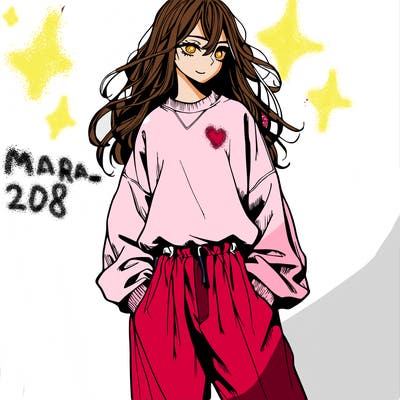 a realistic manga girl with a sweatshirt and wide pants