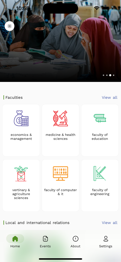Jamhuriya University - Jamhuriya University app home screen showing a photo of students and icons for academic faculties including medicine education and engineering