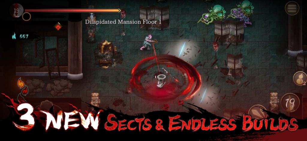 Warm Snow - Warm Snow Mobile Gameplay zeigt Charakterkampf mit rotem Schwert-Effekt in einer dunklen Villa