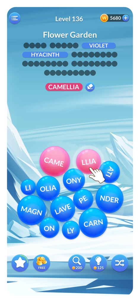 Word Serenity: Fun Brain Game - Gameplay de l'application mobile Word Serenity montrant un puzzle de mots sur le thème des fleurs avec des bulles de lettres sur un paysage enneigé serein
