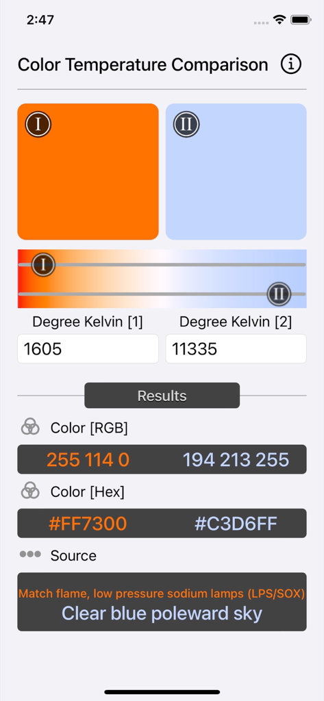 Uma comparação lado a lado de duas temperaturas de cor diferentes em Kelvin com seus valores RGB e HEX correspondentes.