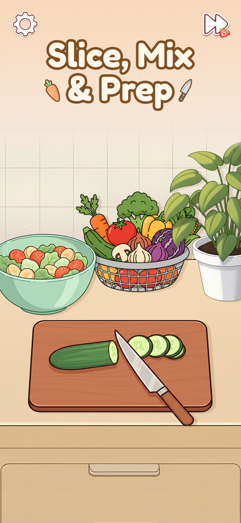 A peaceful kitchen mini game screen featuring a cucumber being sliced on a wooden cutting board with fresh vegetables in the background