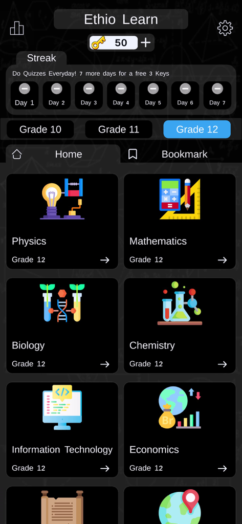 Ethio Learn Grade 7-12 Quizzes - Ethio Learn app dashboard showing Grade 12 subjects including Physics, Mathematics, Biology, and Chemistry with a gamified daily streak tracker.