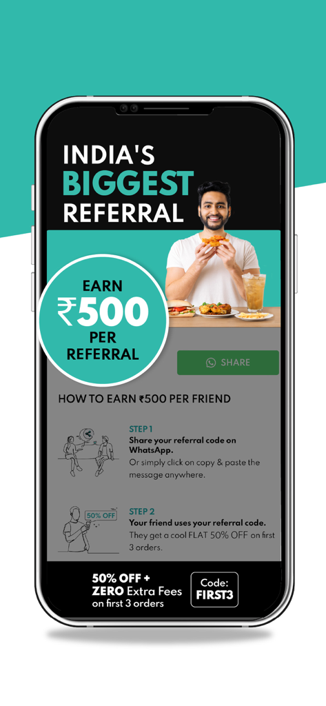 EatClub: Food Delivery App - Schermata dell'app EatClub che spiega il programma di referral per guadagnare premi e sconti