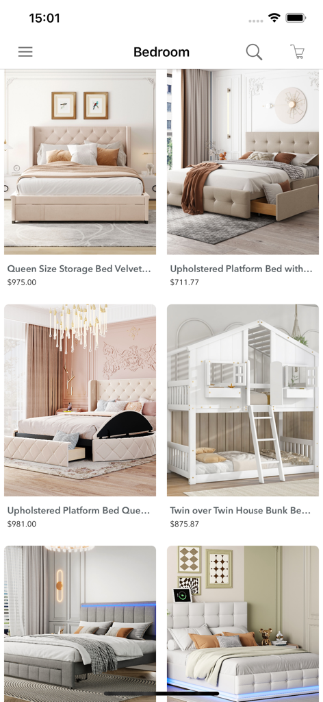 가격이 표시된 다양한 저렴한 퀸 사이즈 침대와 이층 침대를 보여주는 모바일 앱 인터페이스.