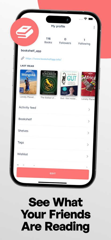Bookshelf app user profile showing last read books and follower count