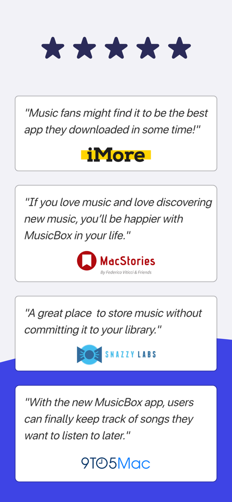 MusicBox: Catalog and Organize - Reconocimientos de la crítica y reseñas de prensa para la aplicación MusicBox de iMore, MacStories, Snazzy Labs y 9to5Mac