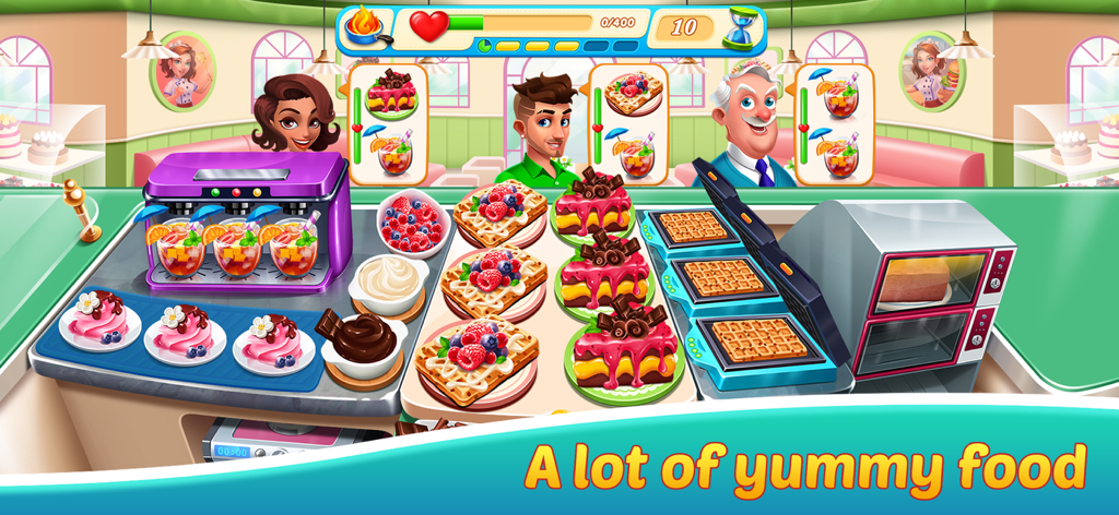 Cooking Seaside: Beach food - Cooking Seaside gameplay showing a chef serving waffles and cakes to customers in a colorful restaurant