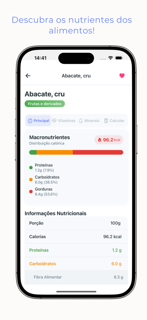 Taco Tabela - Nutritional values and macronutrient breakdown for raw avocado in the Taco Tabela app