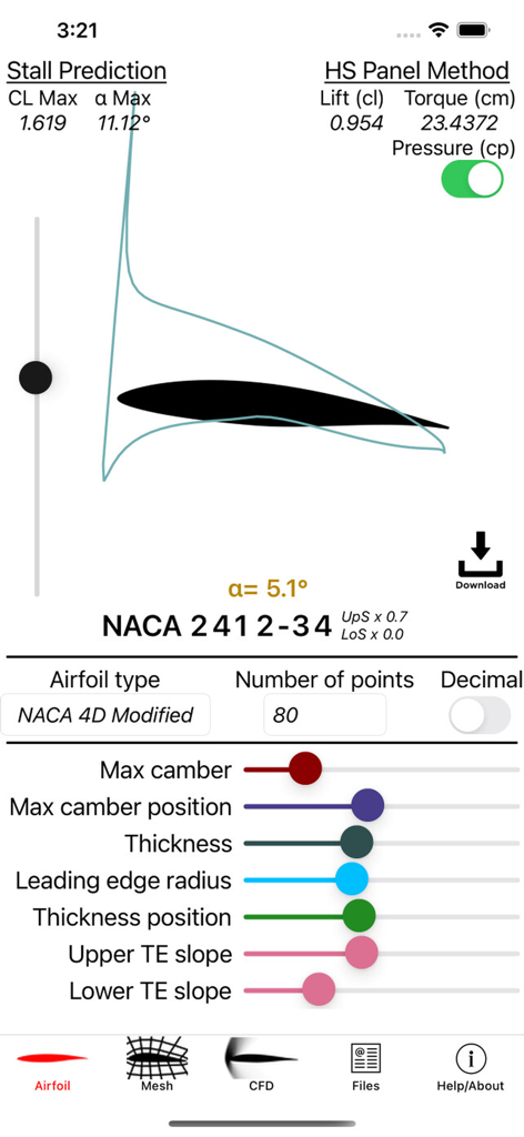 Airfoil Design - Interface do aplicativo Airfoil Design para análise de aerofólio NACA e ajuste de parâmetros.