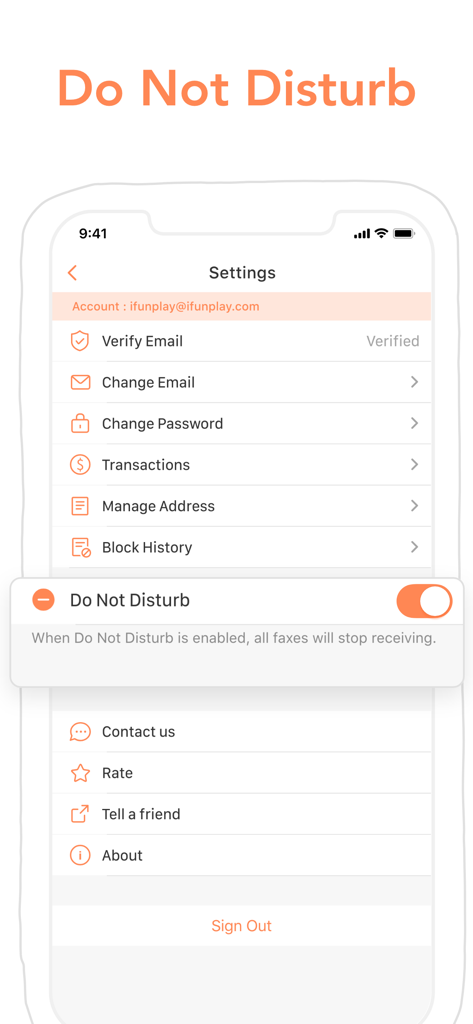 Doc Fax - Mobile Fax App - Pantalla de configuración de la aplicación Doc Fax que muestra el interruptor de No molestar para detener la recepción de faxes.