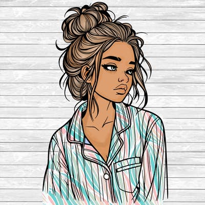 realistic woman with pajamas on and a messy bun