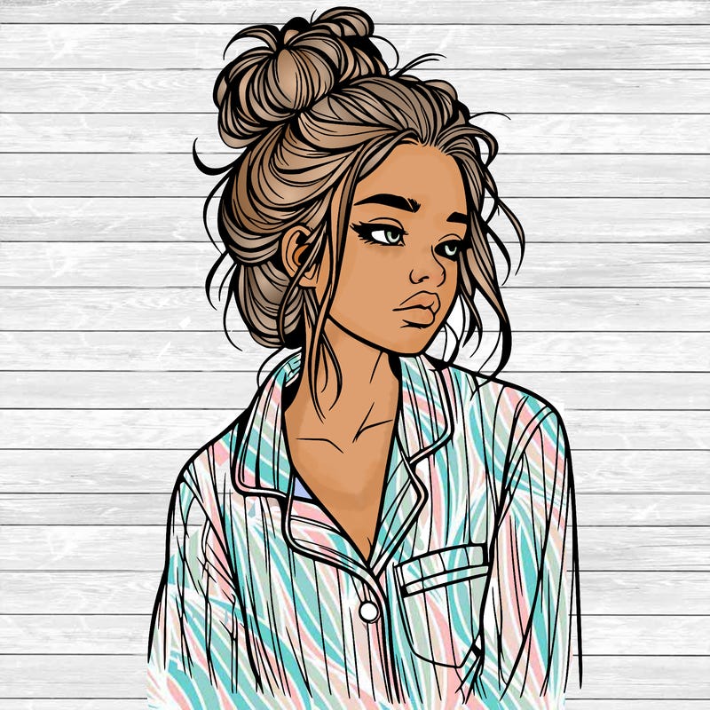 realistic woman with pajamas on and a messy bun