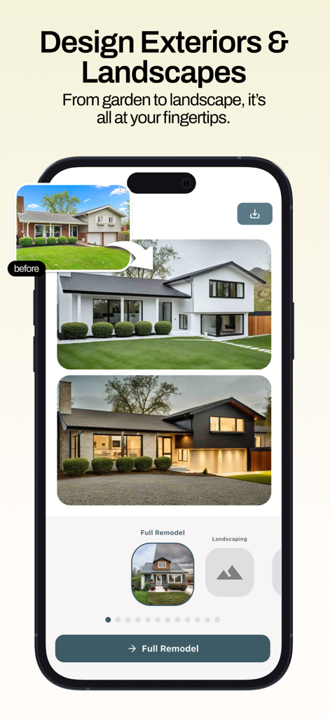 Remodel AI - Home Design - Transformation avant et après par IA de l'extérieur d'une maison et du paysage du jardin