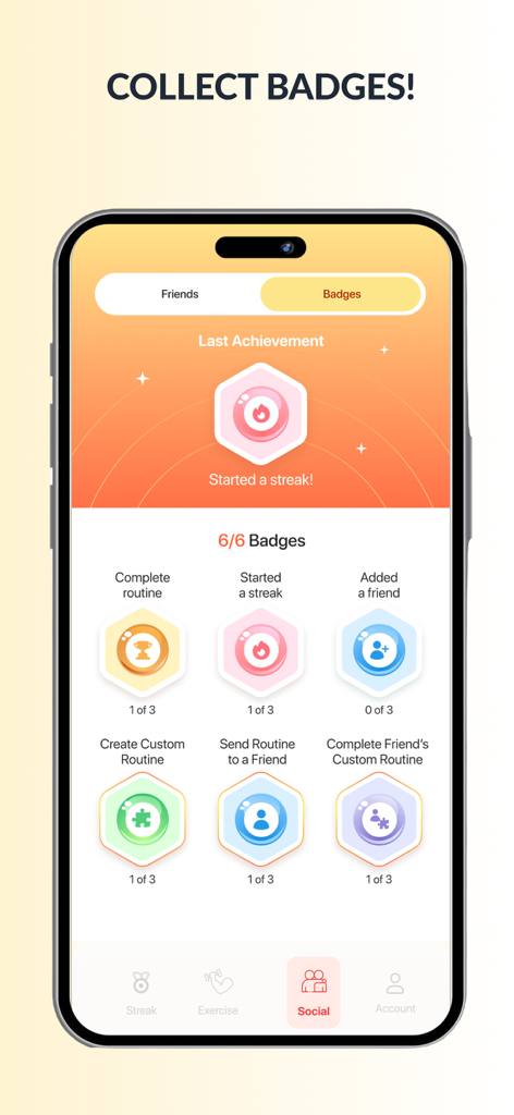 Stretch Reminder AI & Pilates - Achievement badges screen in the Stretch Reminder app showing progress milestones and social rewards