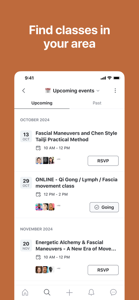 Human Garage - Human Garage app screen displaying a list of upcoming online and local fascial maneuvers and movement classes.