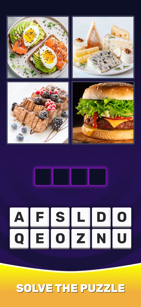 4 Pics 1 Word：Guess The Word - Schermata di gioco mobile che mostra quattro immagini di cibo con tessere di lettere per risolvere un puzzle di parole