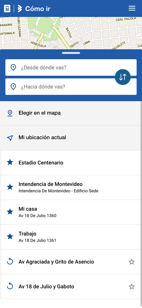 Cómo ir - Mobile app interface for Como ir showing public transit search fields and favorite locations in Montevideo