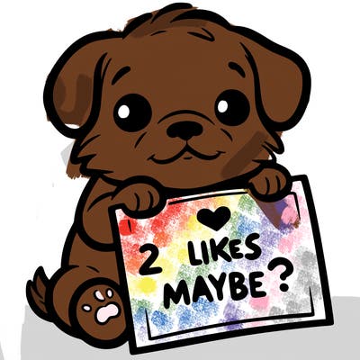 a puppy holding a sign that says 2 likes maybe?