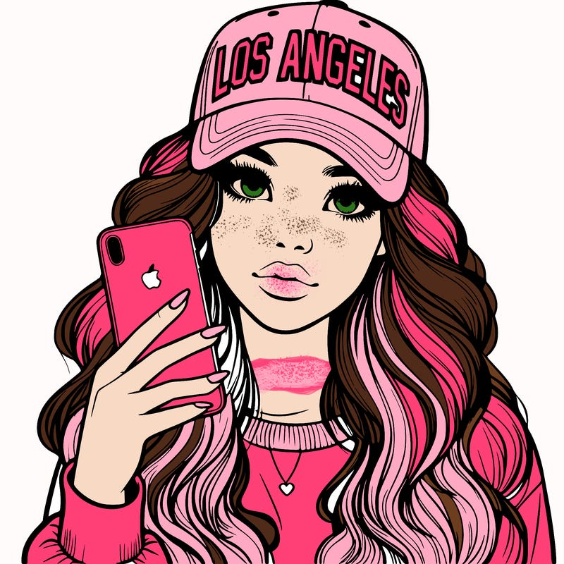 realistic beautiful girl wearing los ángeles cap holding an iphone