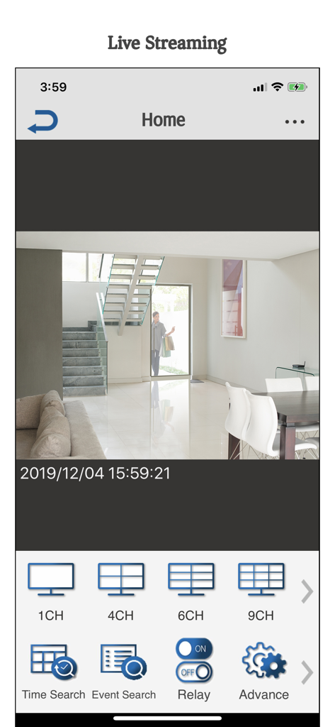 Pantalla de transmisión en vivo de la aplicación Avtech DVR que muestra imágenes de seguridad del hogar y controles de la cámara.