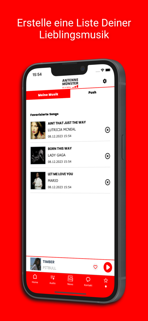 ANTENNE MÜNSTER - Ein Bildschirm aus der Antenne Muenster App, der eine personalisierte Liste von Lieblingsliedern zeigt.