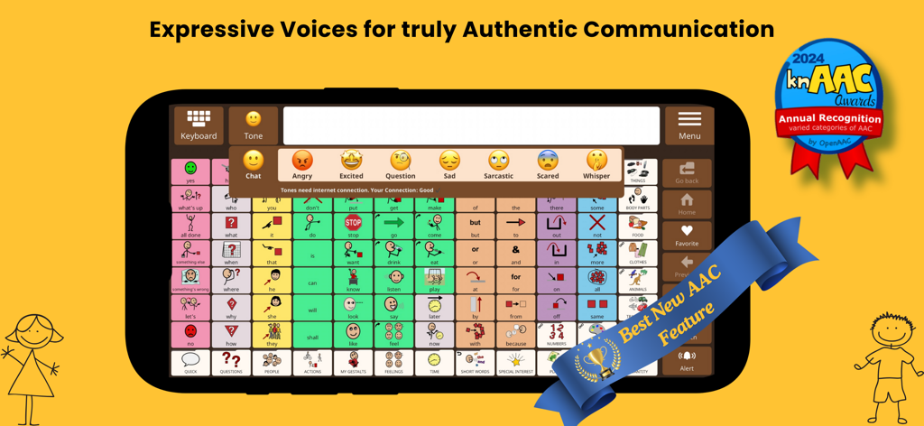 L'interface de l'application Avaz AAC affiche des intonations vocales expressives telles que la colère, l'excitation et la tristesse pour une communication authentique.