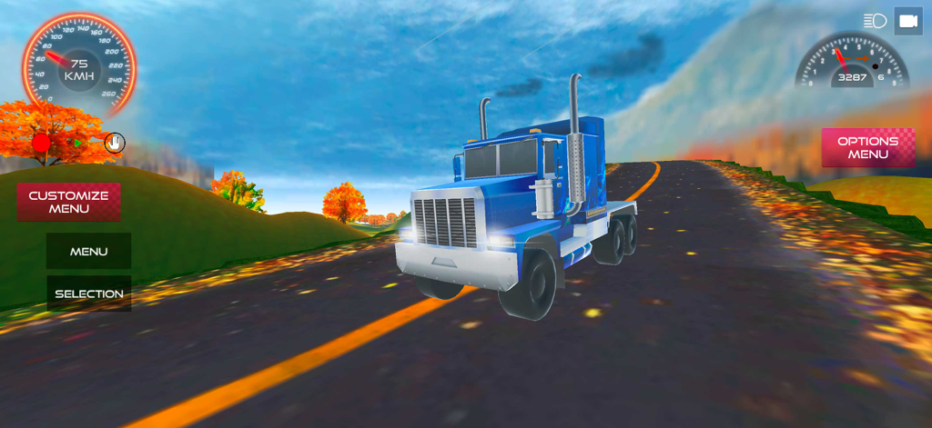 Extreme Car Driving 2 - Un camión azul conduciendo por una carretera sinuosa con árboles de otoño en el juego móvil Extreme Car Driving 2