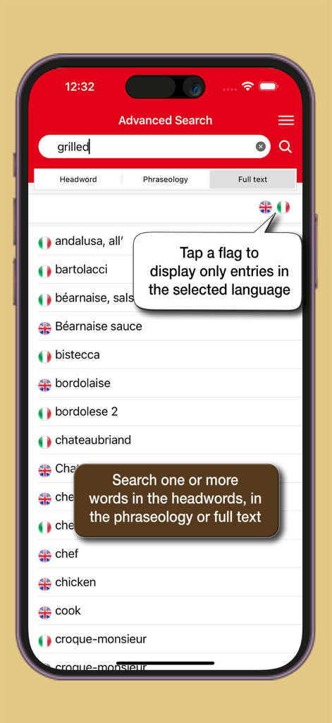 Dizionario di Gastronomia - Interfaz de búsqueda avanzada de la aplicación Dizionario di Gastronomia que muestra términos culinarios italianos e ingleses con opciones de filtro de idioma.