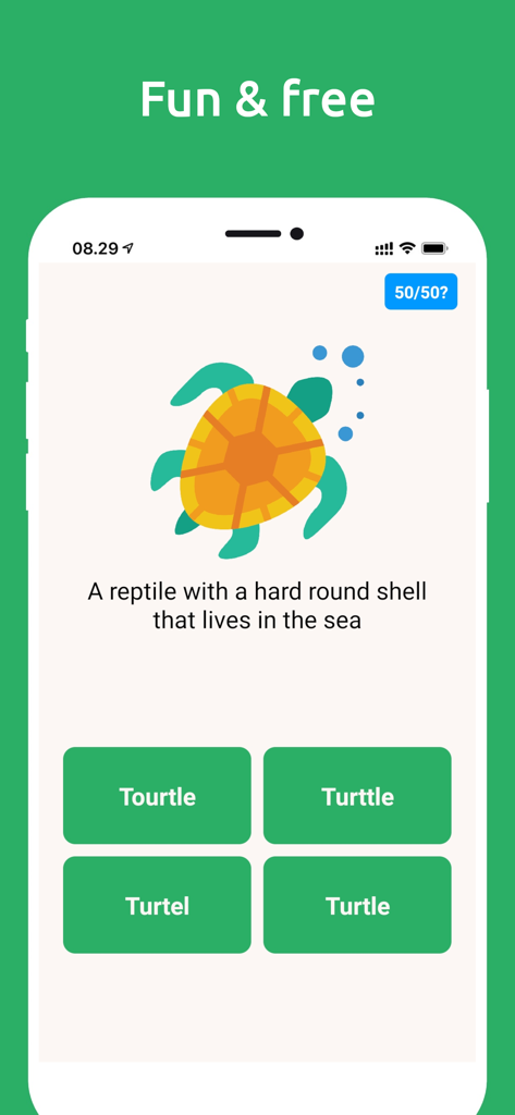 Spelling quiz interface showing an illustration of a turtle and four spelling choices.
