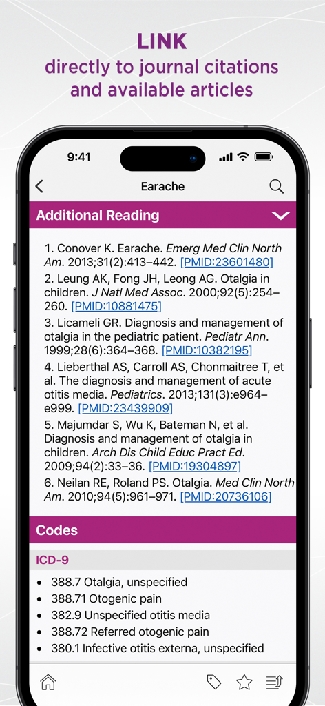 Ecrã móvel mostrando citações de revistas e códigos de diagnóstico ICD-9 para dor de ouvido numa aplicação clínica pediátrica.