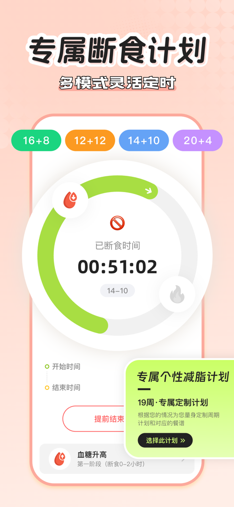 Interfaz de la aplicación XiaoGuai Health que muestra un temporizador de ayuno intermitente con planes personalizables que incluyen modos 16:8 y 20:4.