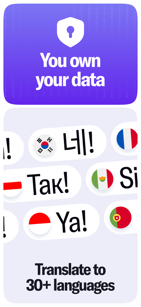 Captura de pantalla de Wave AI Note Taker destacando la propiedad de los datos del usuario y la capacidad de traducir notas a más de 30 idiomas.