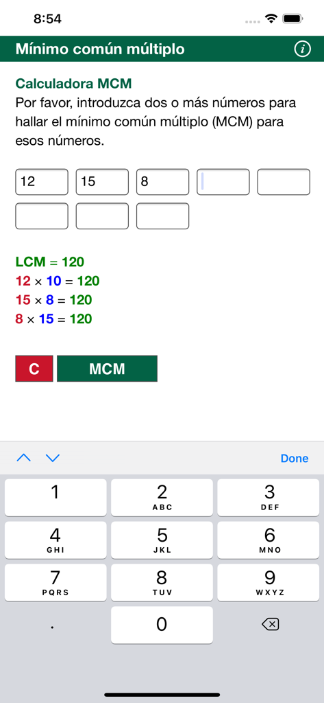 Interface of the MCM calculator app showing the result for numbers 12, 15, and 8.