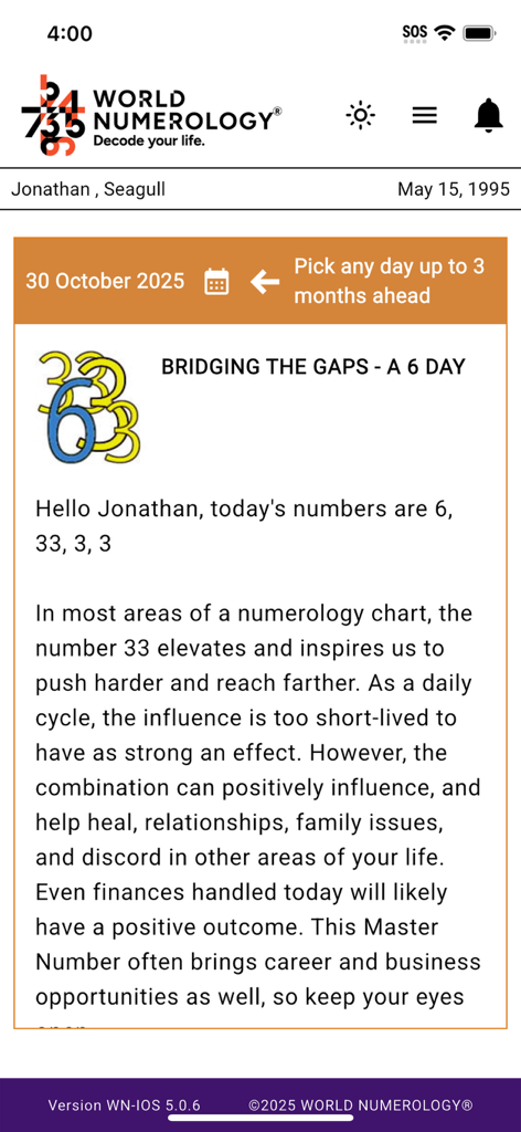 World Numerology Collection II - Screenshot of the World Numerology app displaying a detailed daily forecast for a user including specific number interpretations.