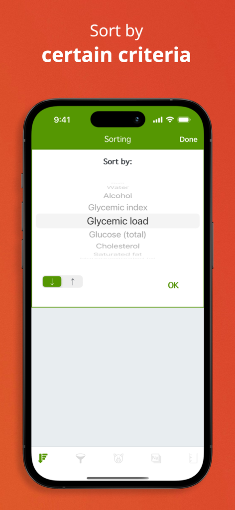 Interface of the Natural Food Guide app showing the sorting menu with options for glycemic load and nutritional values