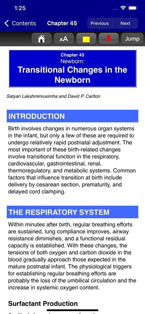 Rudolph's Pediatrics, 23/E - Screenshot of the Rudolph's Pediatrics app displaying a chapter on transitional changes in newborns.