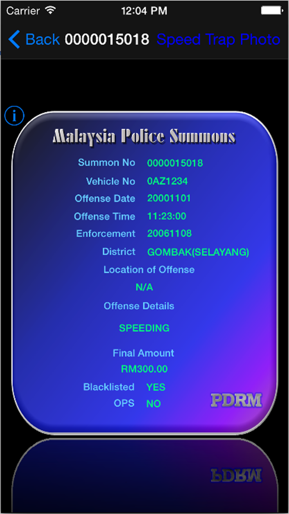Malaysia Police Summons - App screen showing a Malaysia Police Summons for speeding with a fine of RM300 and blacklist status.