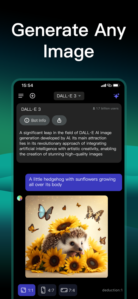 ChatBot5.2 - Latest AI models - Captura de tela do aplicativo ChatBot5.2 mostrando geração de imagem por IA de um ouriço com girassóis usando DALL-E 3