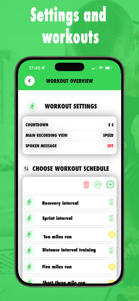 @Tracker: Outdoor GPS & Strava - iPhone screen showing workout settings and a list of scheduled runs including recovery intervals and ten mile runs.