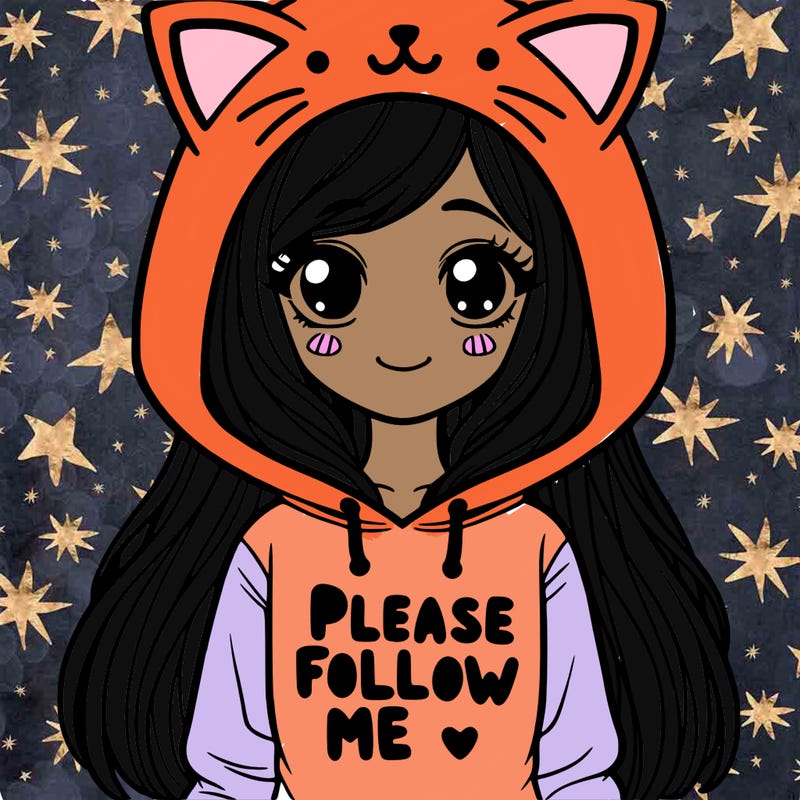 girl with long hair in a cat hoodie saying please follow me