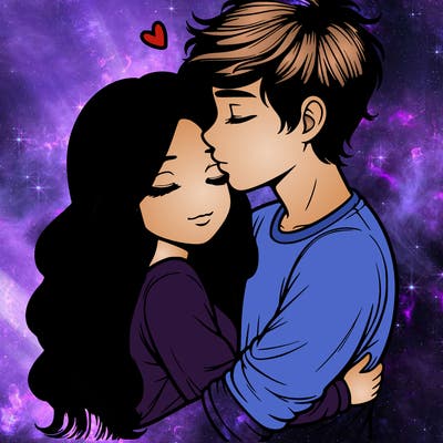 a realistic couple boy and girl hugging and kissing