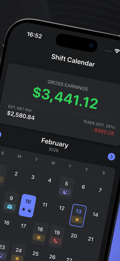 Nurse Shift Calendar: My Work - Nurse Shift Calendar app interface displaying monthly gross earnings and a scheduled shift calendar