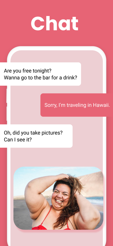Plus Clubアプリのチャットインターフェース。会話と、ビーチにいる幸せそうなグラマーな女性の写真が表示されています。