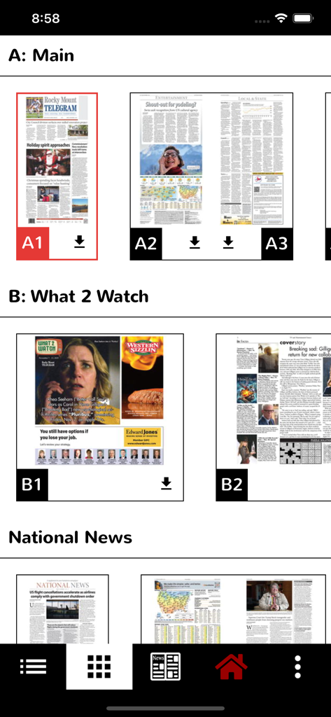 RM Telegram app interface displaying a list of downloadable newspaper sections and replica editions