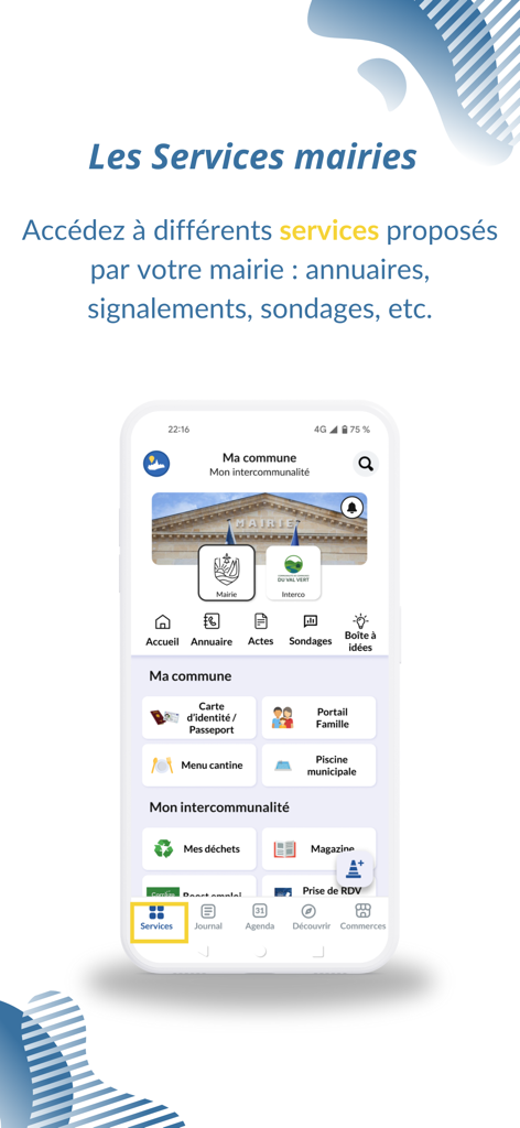 IntraMuros: Info du territoire - IntraMuros app interface showing municipal services including school menus and public alerts
