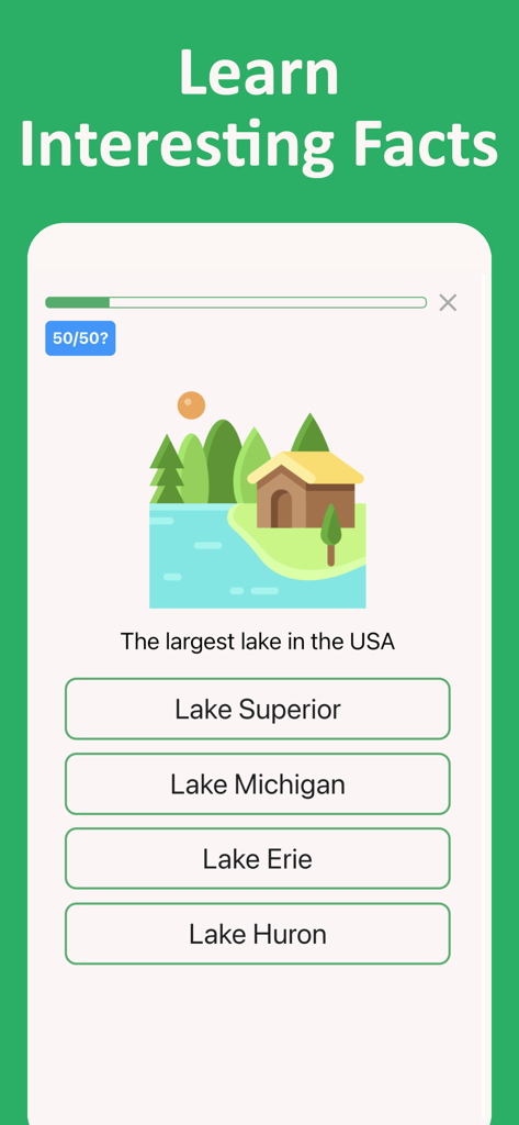 US geography quiz screen asking about the largest lake in the USA with multiple choice answers.